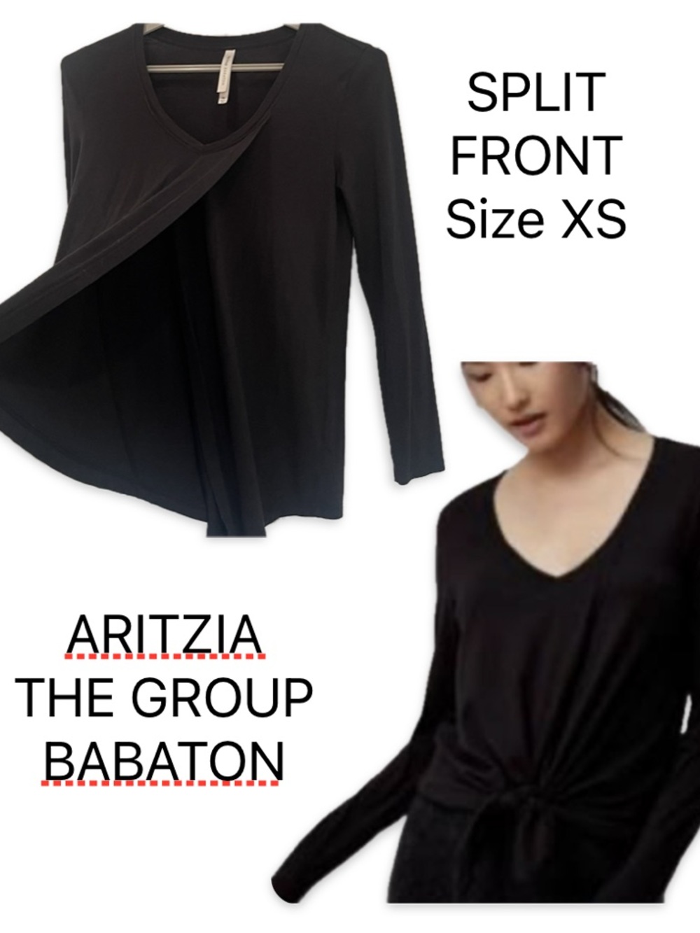 Babaton Aritzia Black V Neck Split Front Long Sleeve Top Modal Stretch M